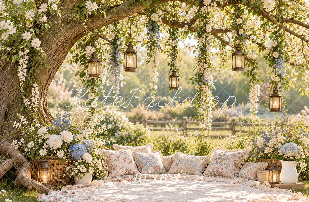 Kate Spring Branch Arch Floral Tree Picnic Hanging Lanterns Printed Backdrop Designed by Emetselch