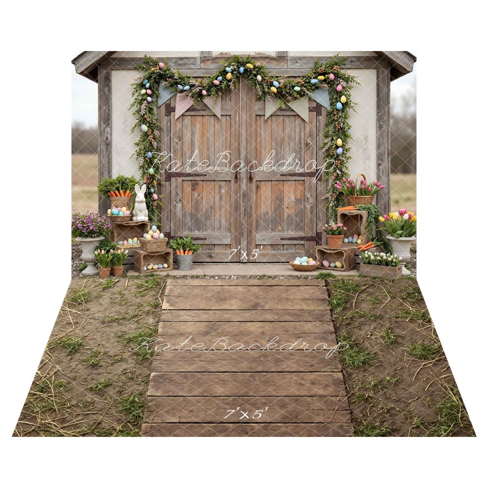 Kate Easter Bunny Eggs Rustic Barn Flowers Backdrop+Wooden Pathway with Dirt and Grass Floor Backdrop