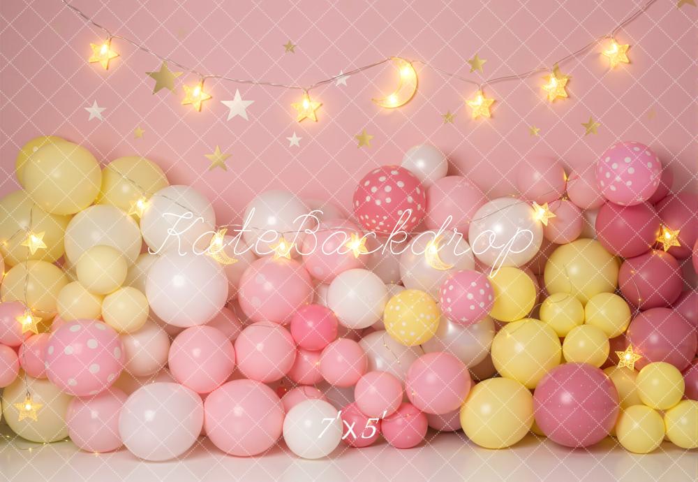 Kate Cake Smash Pink Balloon Wall With Star String Lights Printed Backdrop Designed by Emetselch