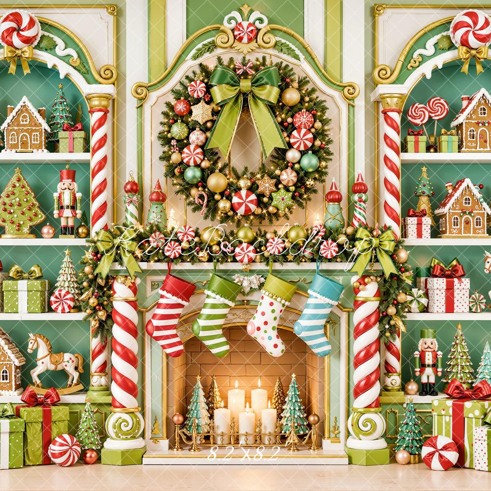 Kate Christmas Fireplace Fantasy Green Toys Shelves Candy Cane Wreath Printed Backdrop Designed by Emetselch