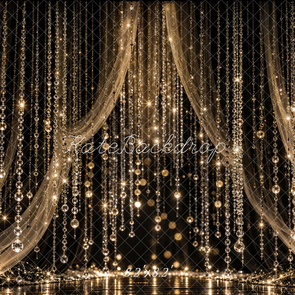 Kate Celebration Black Gold Crystal Bead Curtain Drapery Printed Backdrop Designed by Emetselch