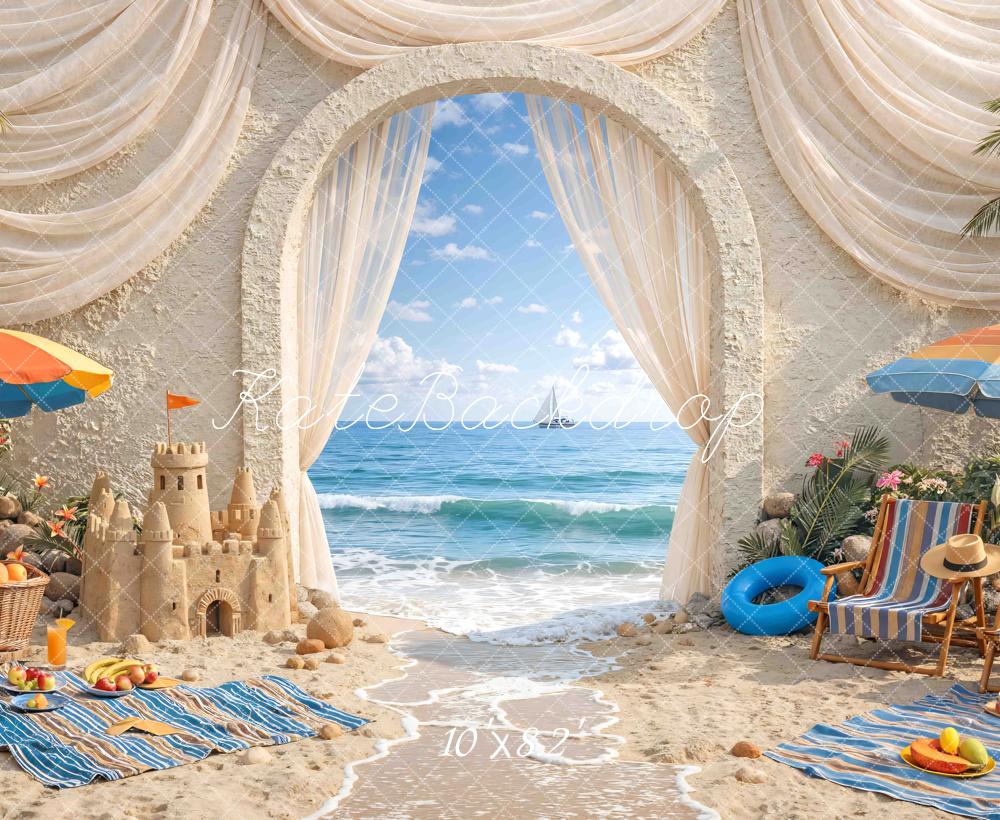 Kate Summer Beach Archway Sandcastle Umbrellas Printed Backdrop Designed by Mini MakeBelieve