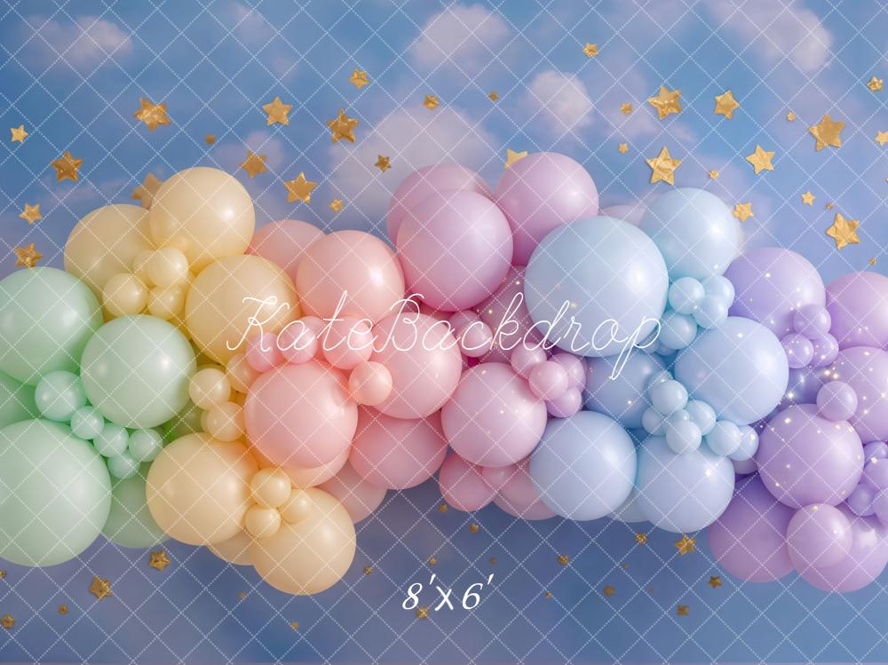 Kate Cake Smash Pastel Rainbow Balloon Garland Sky Stars Printed Backdrop Designed by Emetselch