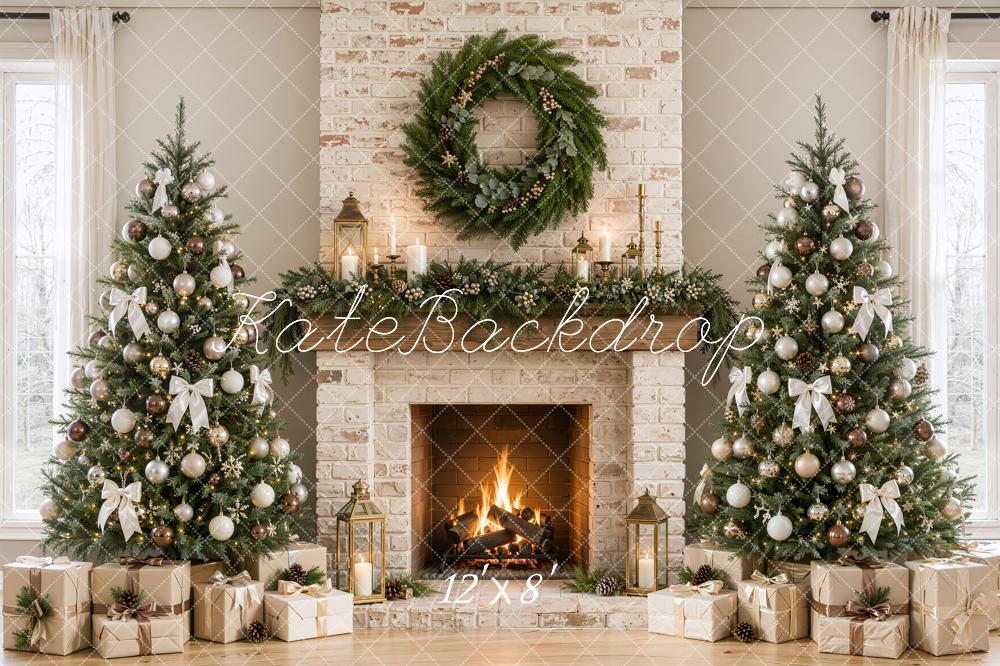 Kate Christmas Brick Fireplace Christmas Trees Wreath Bow Printed Backdrop Designed by Emetselch
