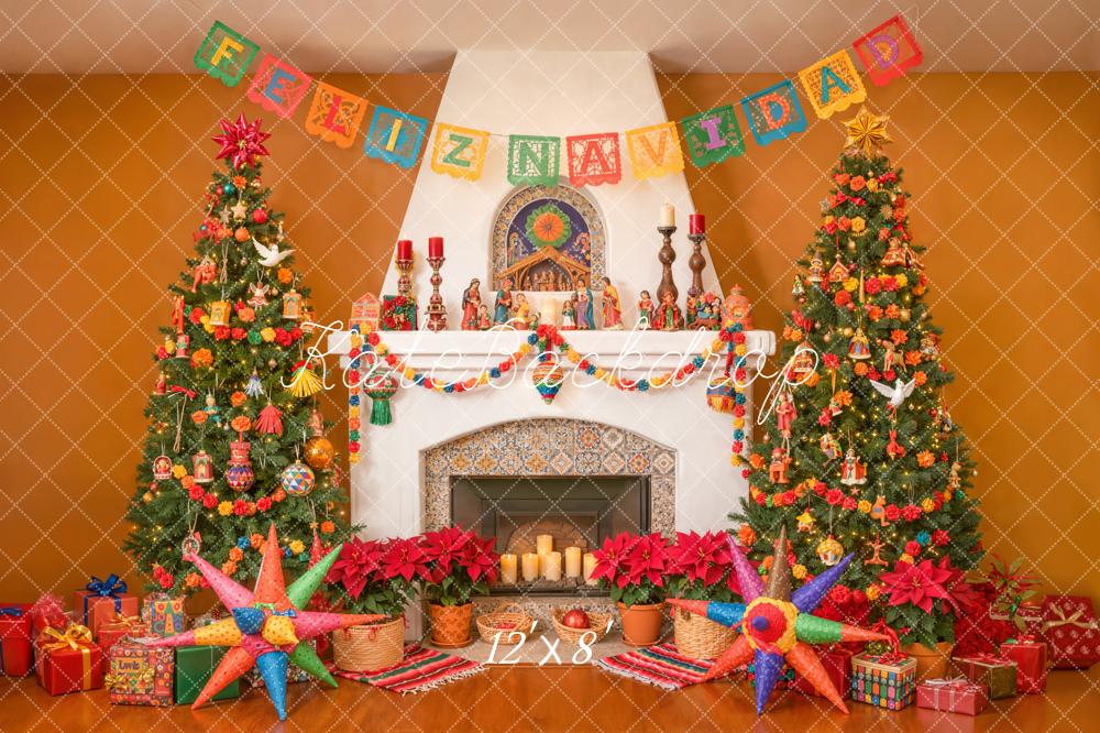 Kate Christmas Mexican Navidad Fireplace Trees Piñata Gifts Backdrop Designed by Emetselch