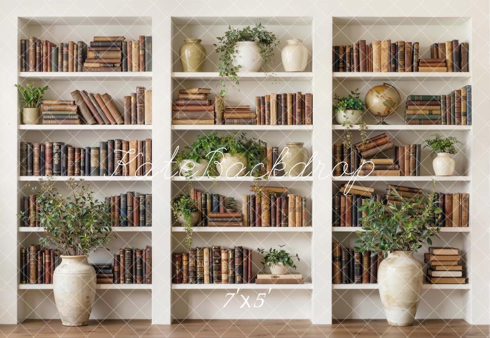 Kate Bookshelf White Shelves Books Plants Vases Printed Backdrop Designed by Emetselch