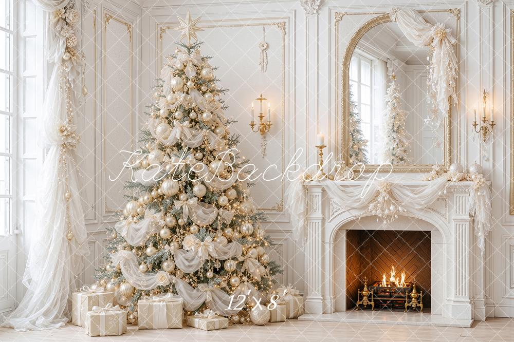 Kate Christmas Tree Luminous Ivory Tulle Fireplace Mirror Printed Backdrop Designed by Shutter Swan Studios