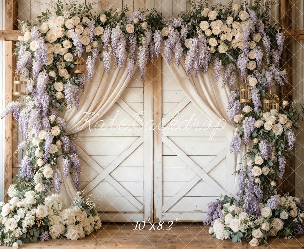 Kate Spring Flower Arch White Barn Door Lavender Roses Backdrop Designed by Emetselch