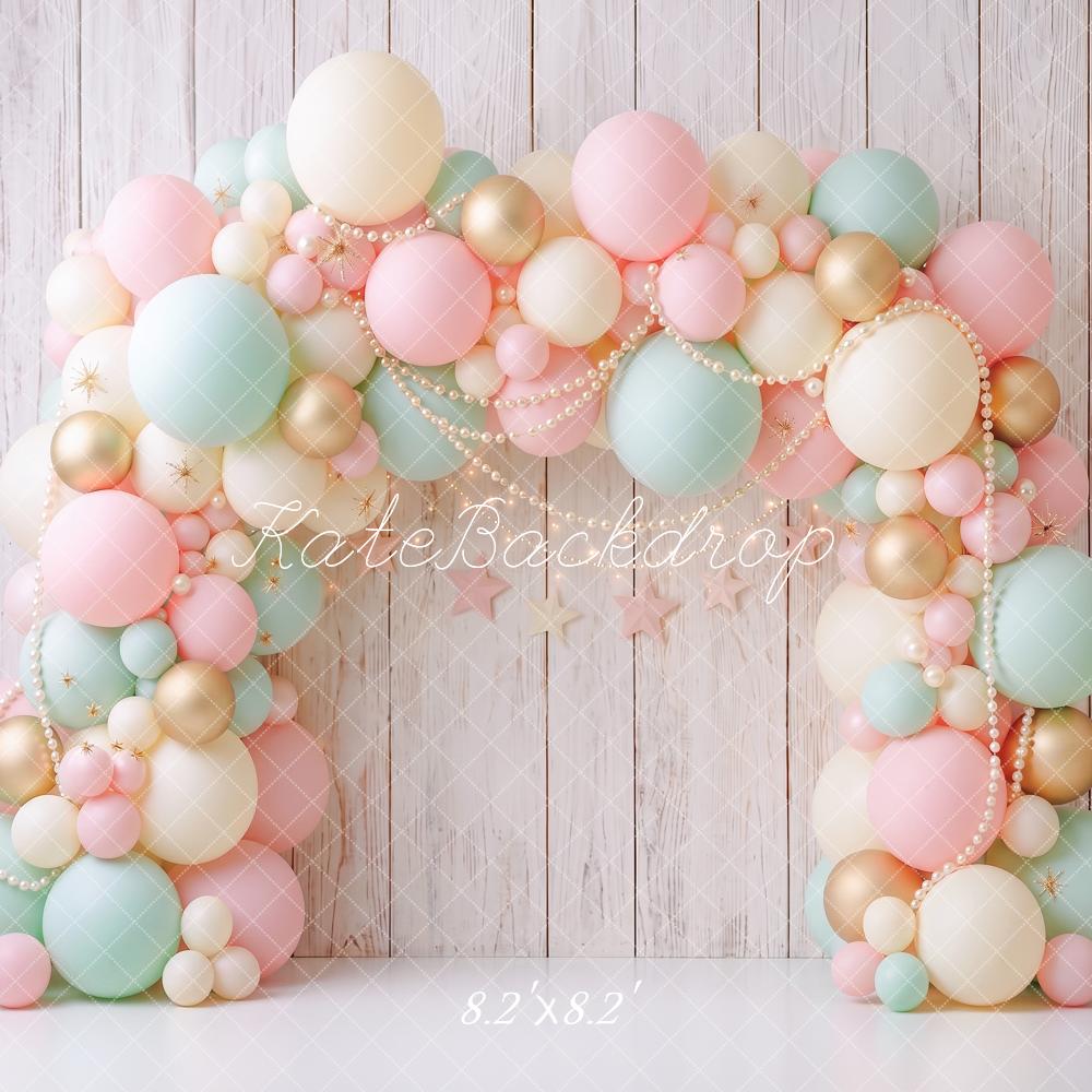 Kate Cake Smash Pastel Balloon Arch Pearl Wood Printed Backdrop Designed by Angela Miller