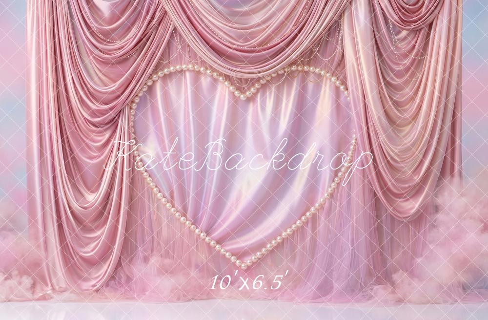 Kate Valentines Romantic Pink Drapes Pearl Heart Printed Backdrop Printed Backdrop Designed by Angela Miller