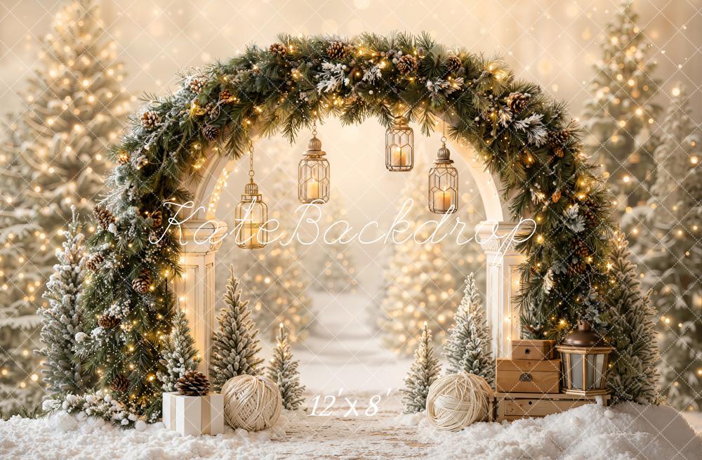 Kate Christmas Garland Arch Lanterns Snowy Trees Printed Backdrop Designed by Emetselch