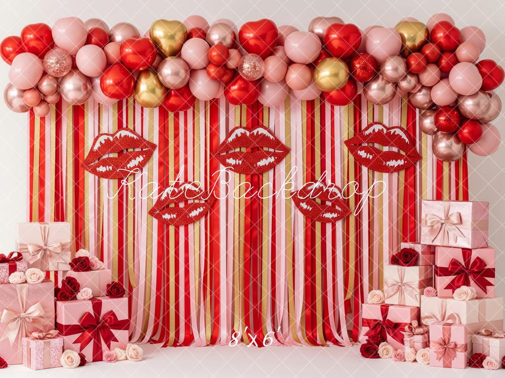 Kate Valentine's Day Red Lips Balloons Gift Boxes Striped Printed Backdrop Designed by Patty Roberts