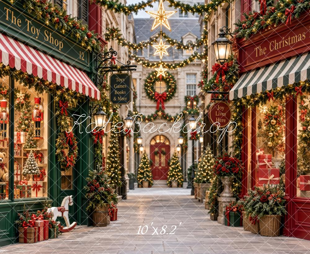 Kate Christmas Toy Shop Street Garland Star Lights Red GreenPrinted Backdrop Designed by Patty Roberts