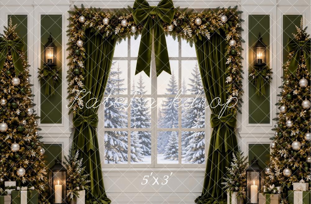 Kate Christmas Arched Window  Green Garland Snowy Forest Printed Backdrop Designed by Ashley Paul