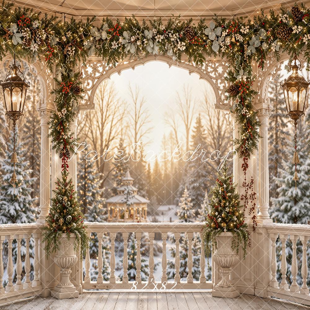 Kate Christmas Gazebo Garland Porch Snowy Trees Printed Backdrop Designed by Emetselch