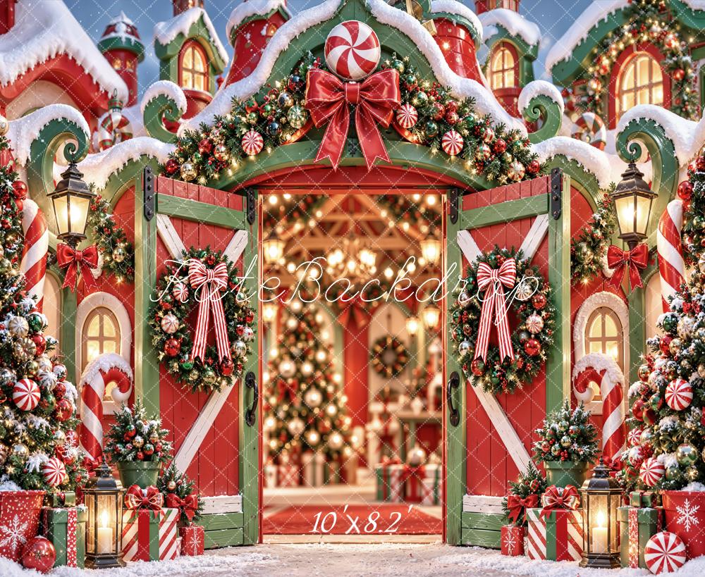 Kate Christmas Fantasy Candy Cane Barn Door Wreath Printed Backdrop Designed by Emetselch