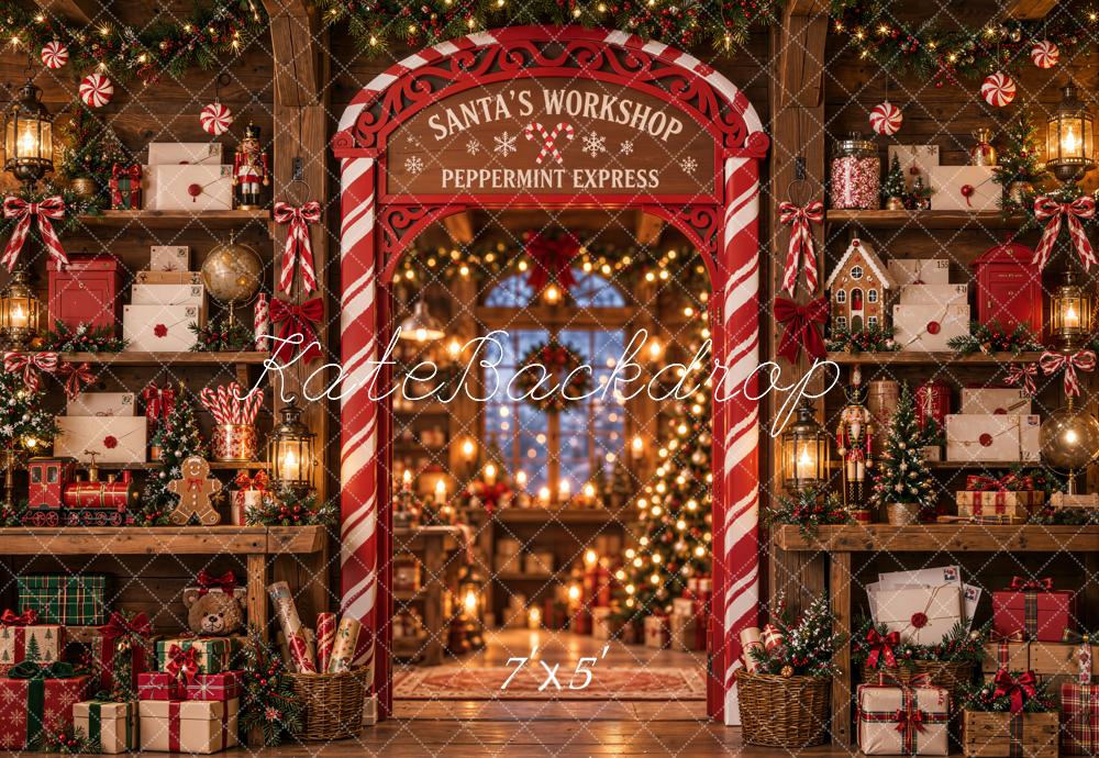 Kate Christmas Santa's Workshop Candy Cane Arch Toys Printed Backdrop Designed by Emetselch