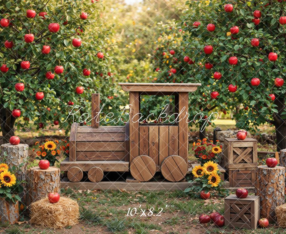 Kate Fall Wooden Train Apple Orchard Sunflowers Printed Backdrop Designed by Mini MakeBelieve