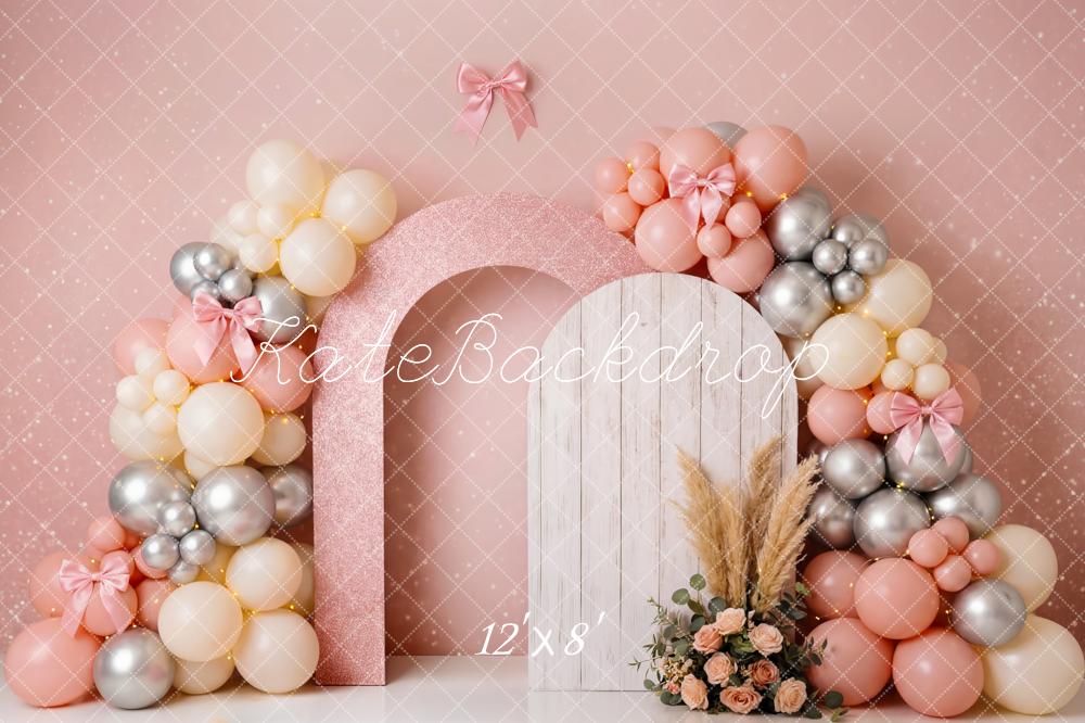 Kate Birthday Pink Balloon Arch Pampas Flowers Printed Backdrop Designed by Patty Roberts