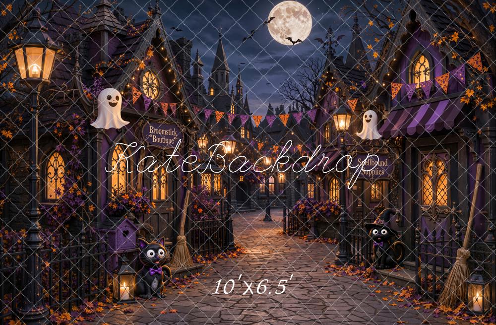 Kate Halloween Night Haunted Village Ghosts Witch Cobblestone Printed Backdrop Designed by Chain Photography