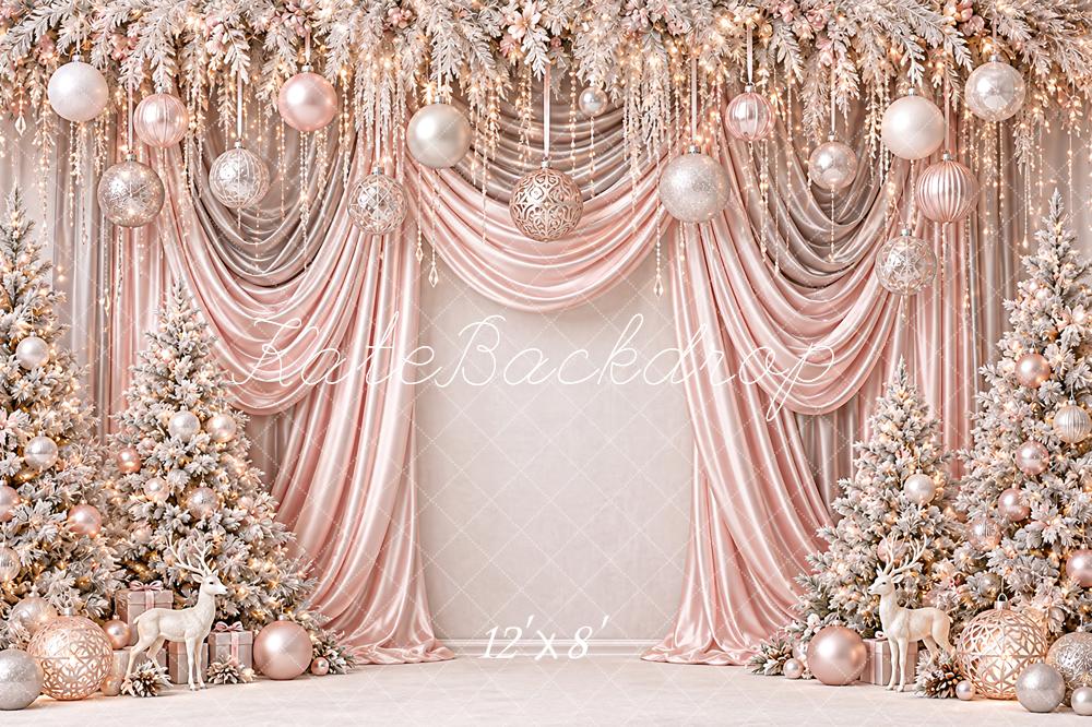 Kate Christmas Rose Gold Drapes Hanging Ornament Trees Luxury Printed Backdrop Designed by Angela Miller
