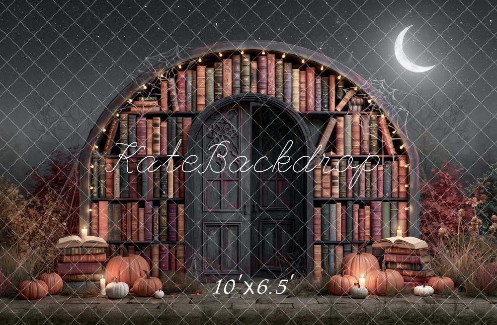 Kate Halloween Haunted Library Arched Door Moon Printed Backdrop Designed by Angela Miller