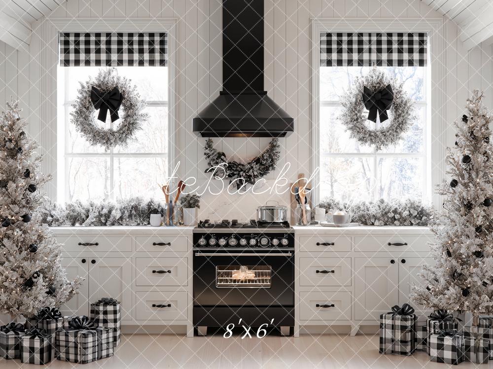 Kate Christmas Kitchen Black White Trees Wreaths Gifts Backdrop Designed by Ashley Paul