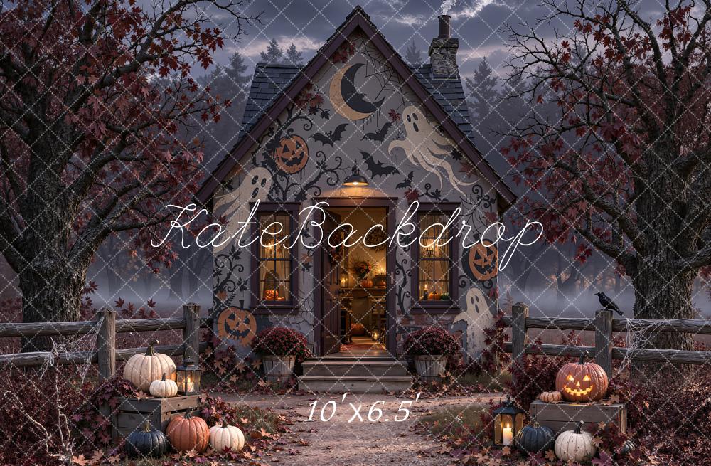 Kate Halloween Haunted House Bats Ghosts Pumpkins Printed Backdrop Designed by Emetselch