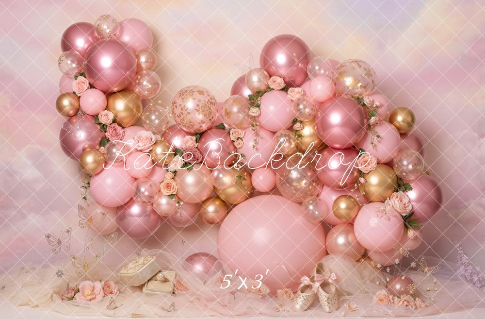 Kate Cake Smash Pink Balloon Arch Rose Gold Floral Printed Backdrop Designed by Emetselch