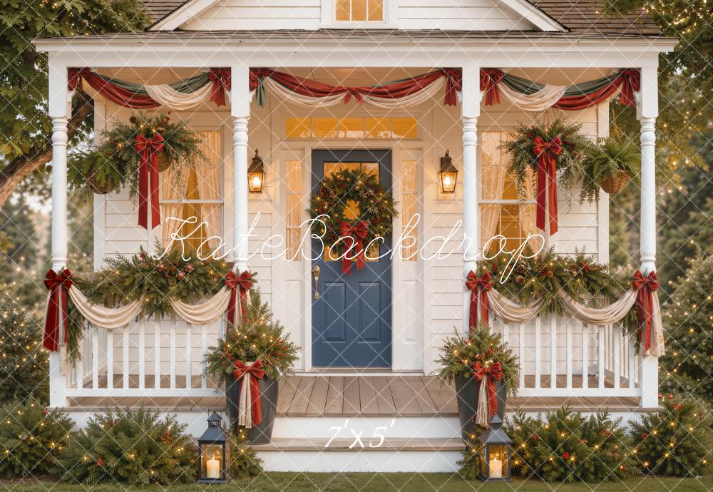 Kate Christmas Porch Garland Wreath Lantern Red Bows Printed Backdrop Designed by Emetselch