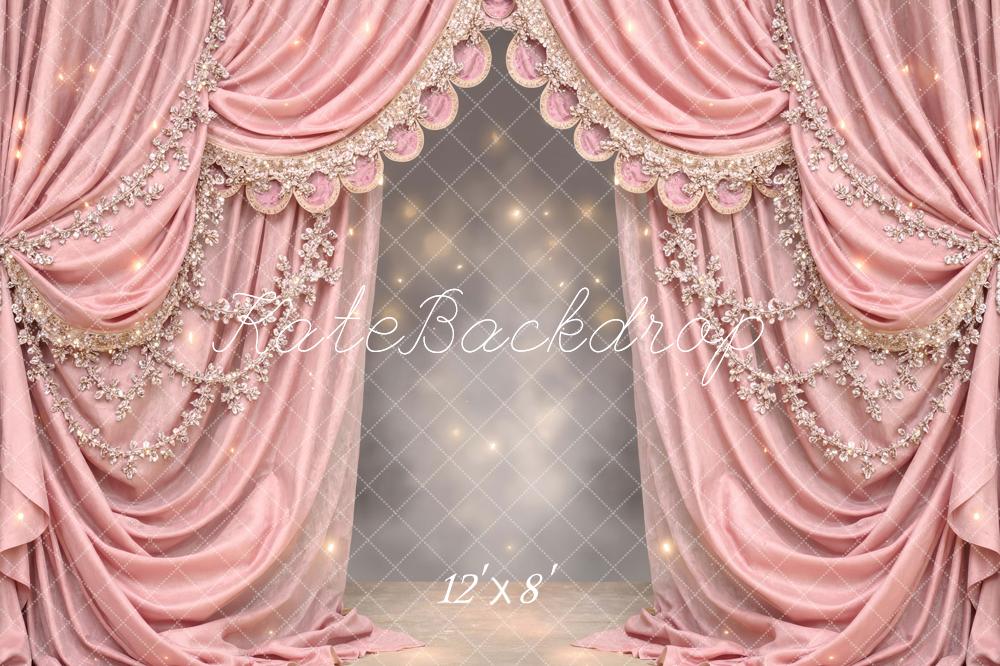 Kate Pink Draped Curtains with Floral Embellishments Printed Backdrop Designed by Mini MakeBelieve