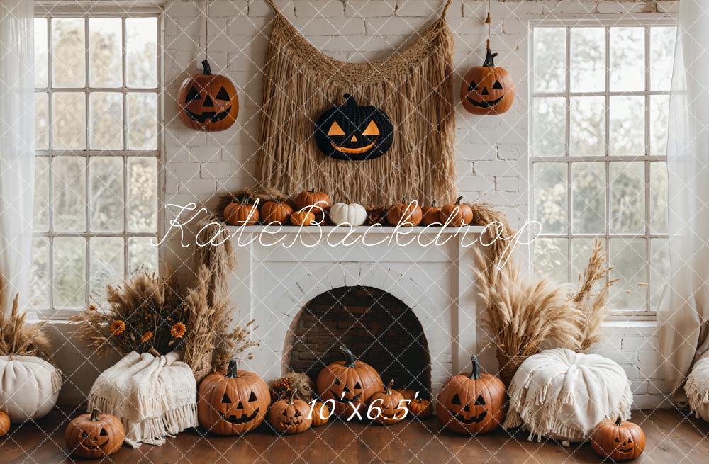 Halloween Pumpkin White Fireplace Boho Sfondo Designed by Emetselch