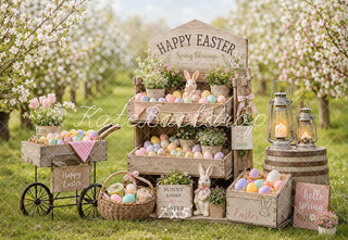 Kate Easter Spring Egg Flower Cart Bunny Cherry Blossoms Printed Backdrop Designed by Emetselch