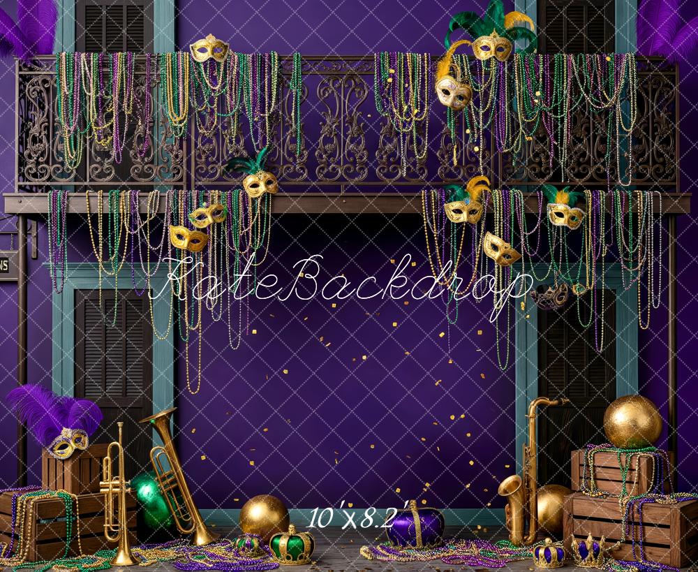 Kate Carnival Mardi Gras Balcony Beads Masks Instruments Purple Printed Backdrop Designed by Patty Roberts
