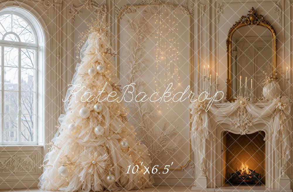 Kate Christmas Tree Luxury Ivory Tulle Fireplace Mirror Printed Backdrop Designed by Shutter Swan Studios