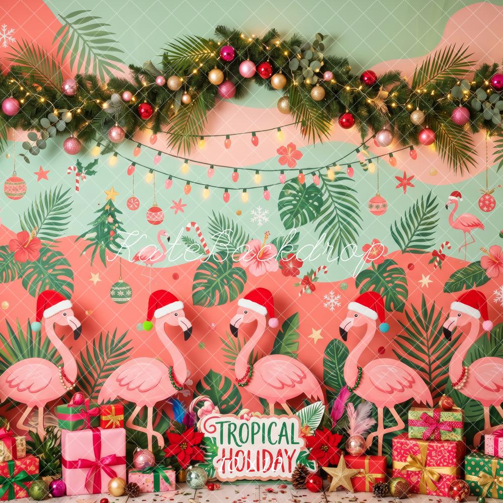 Kate Christmas Tropical Flamingo Garland Gift Boxes Printed Backdrop Designed by Patty Roberts