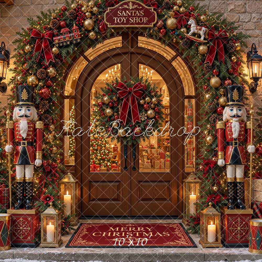 Kate Christmas Toy Shop Doorway Nutcracker Garland Trees Printed Backdrop Designed by Shutter Swan Studios