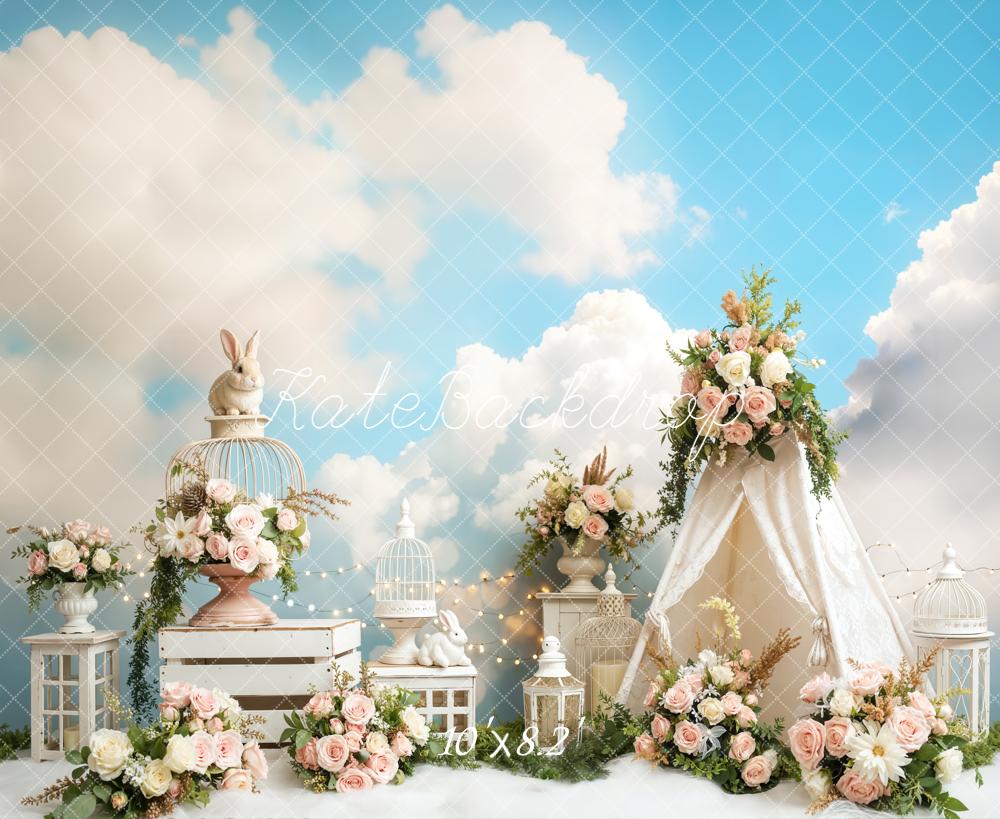 Kate Spring Bunny Birdcage Floral Tent Blue Sky Backdrop Designed by Emetselch