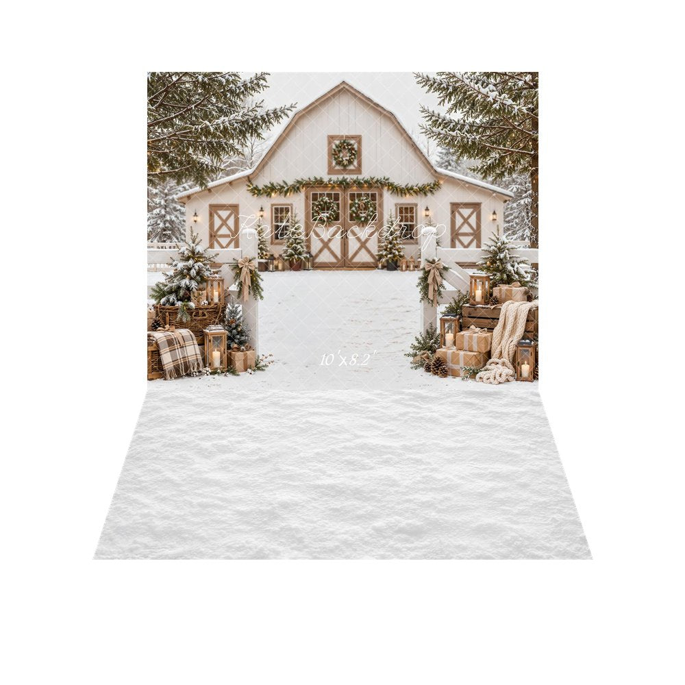 Kate Christmas Snowy White Barn Farmhouse Evergreen Gifts Plaid Printed Backdrop+White Snow Floor Printed Backdrop