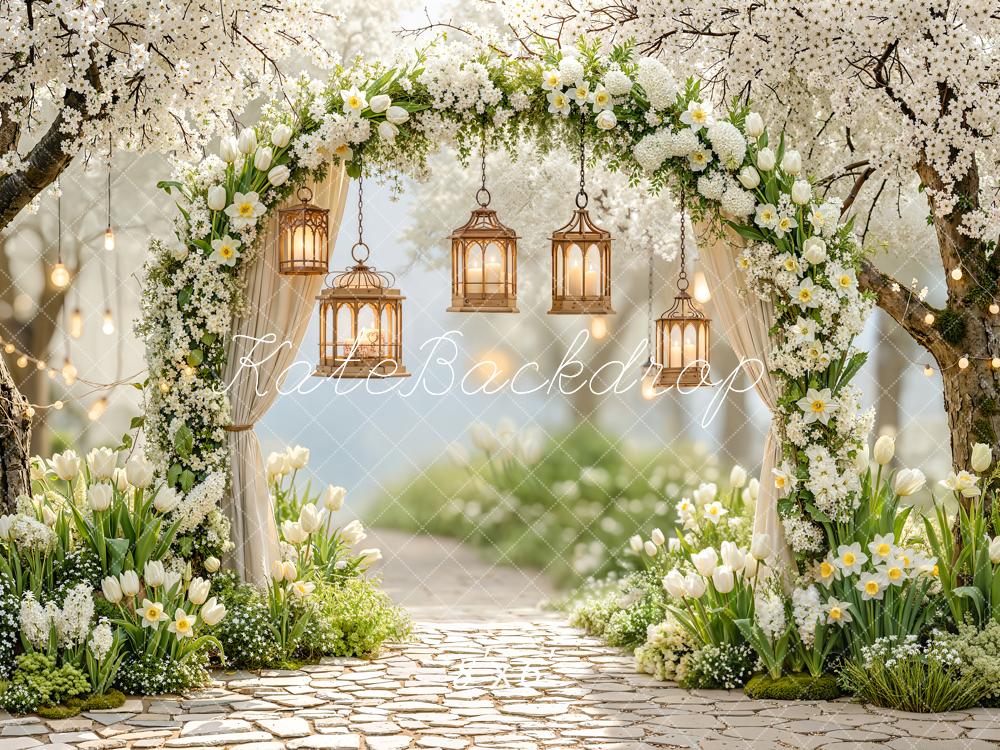 Kate Spring Flower Arch White Blossoms Lanterns Pathway Backdrop Designed by Emetselch