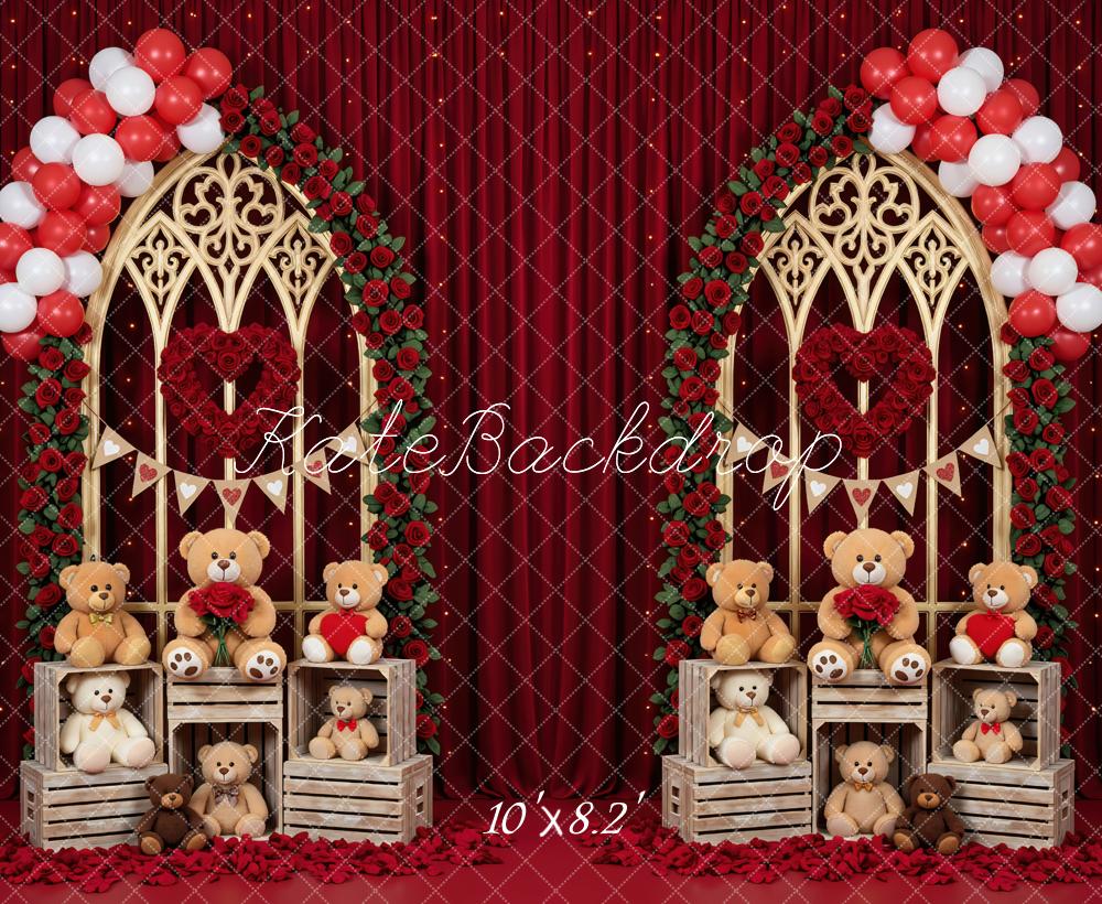 Kate Valentine's Day Flower Arch Teddy Bears Red Balloons Backdrop Designed by Mini MakeBelieve