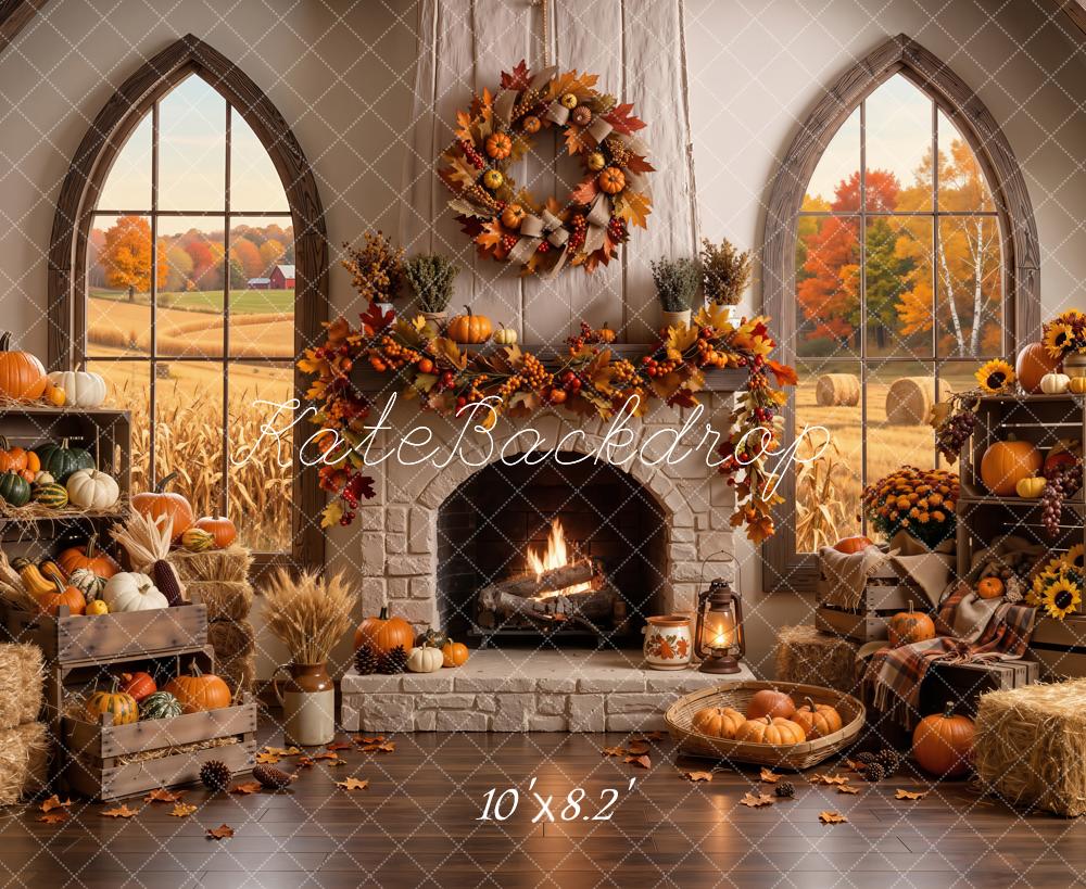 Kate Fall Stone Fireplace Pumpkins Wreath Harvest Field Window Printed Backdrop Designed by Emetselch