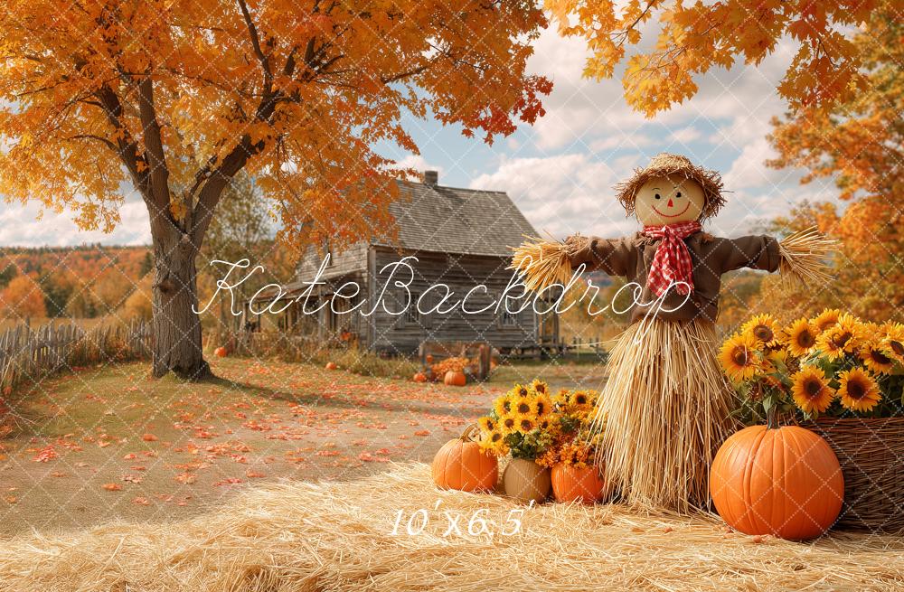 Kate Fall Country Scarecrow Pumpkins Sunflowers Farmhouse Printed Backdrop Designed by Angela Miller