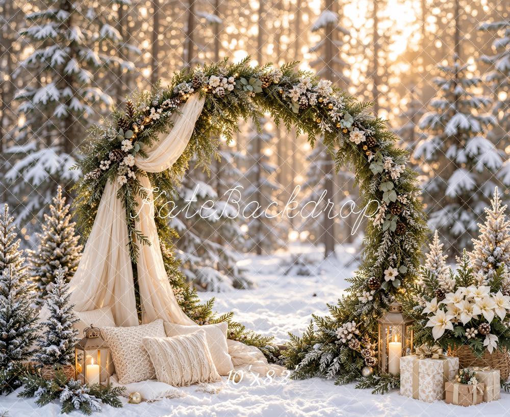 Kate Christmas Winter Circle Flower Arch Drapes Snowy Forest Printed Backdrop Designed by Emetselch