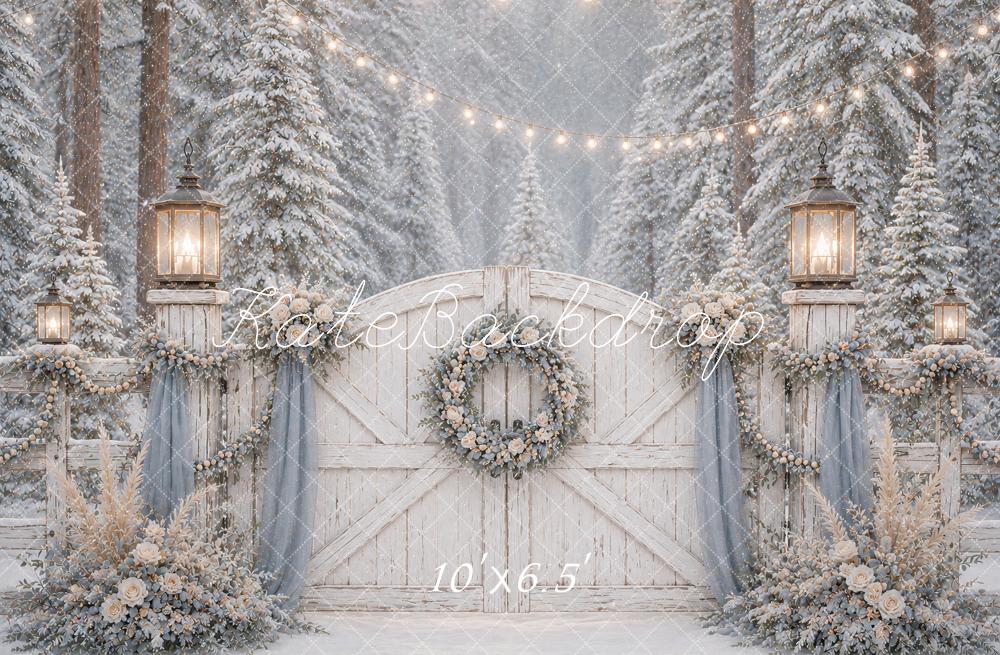 Kate Winter Snowy Forest Barn Gate Lanterns Printed Backdrop Designed by Ashley Paul