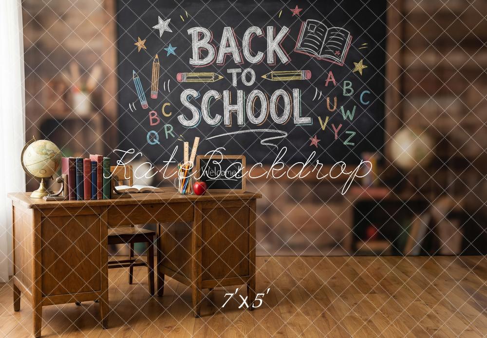 Kate Back to School Chalkboard Desk Globe Books Printed Backdrop Designed by Happy Squirrel Design