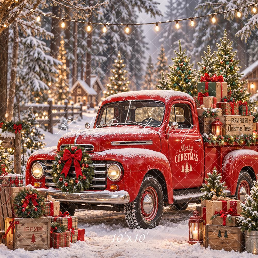 Kate Christmas Red Vintage Truck Gifts Snowy Village Printed Backdrop Designed by Emetselch