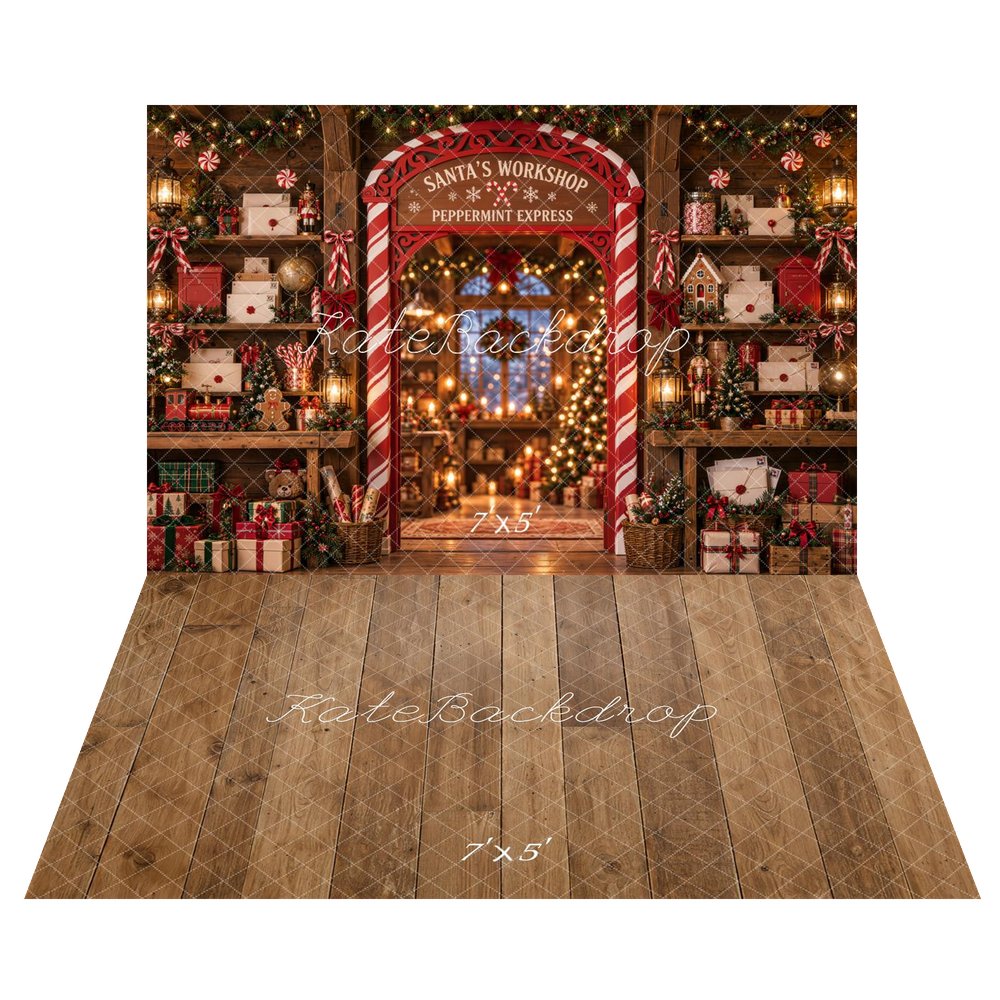 Kate Christmas Santa's Workshop Candy Cane Arch Toys Printed Backdrop+Brown Wood Plank Floor Printed Backdrop