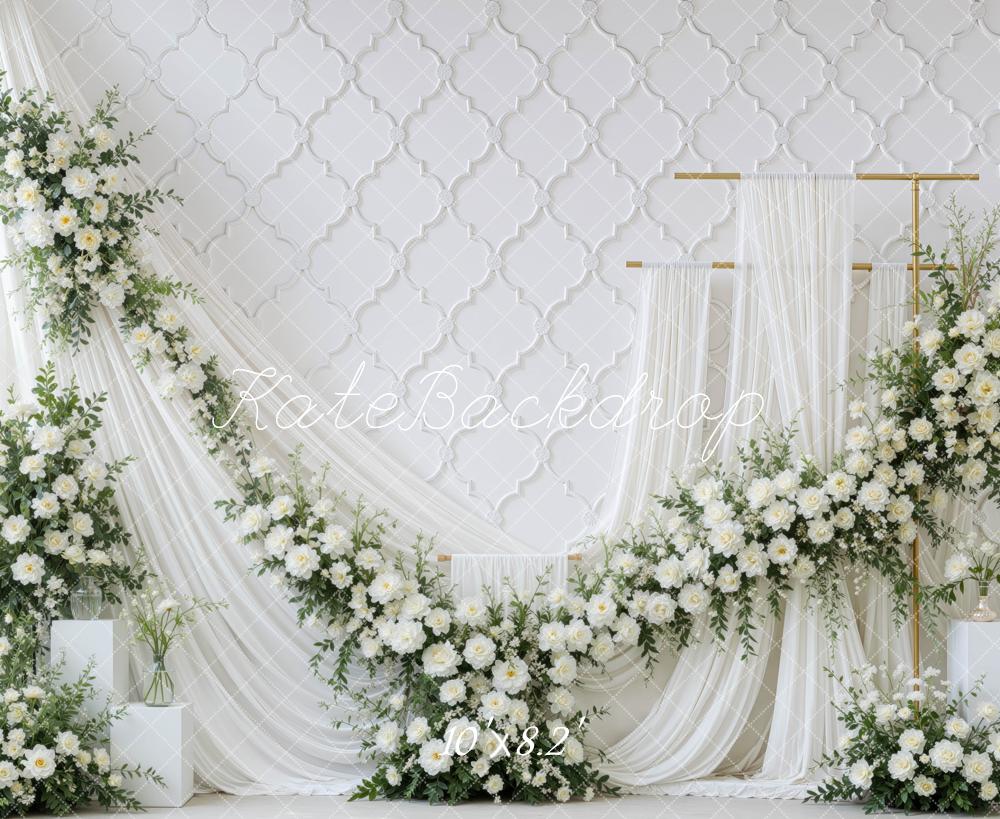 Kate Spring Elegant White Flower Arch Drapes Printed Backdrop Designed by Mini MakeBelieve