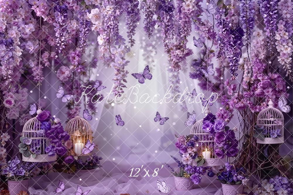 Kate Spring Purple Flower Arch Butterflies Birdcages Printed Backdrop Designed by Emetselch